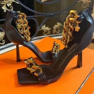 Versace Black Heels with Gold Chain Accents